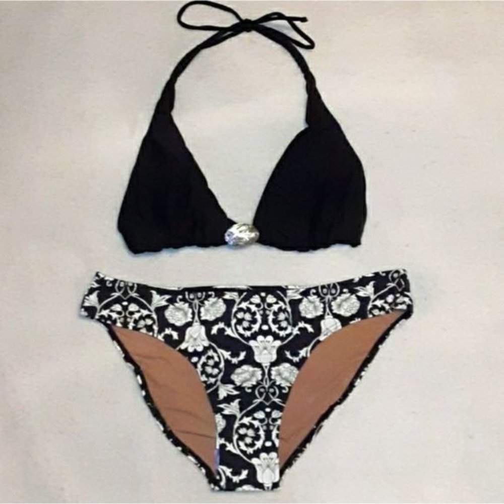NWT! CIA MARITIMA Beachwear Black & White Preto Tanga Bikini. Size L